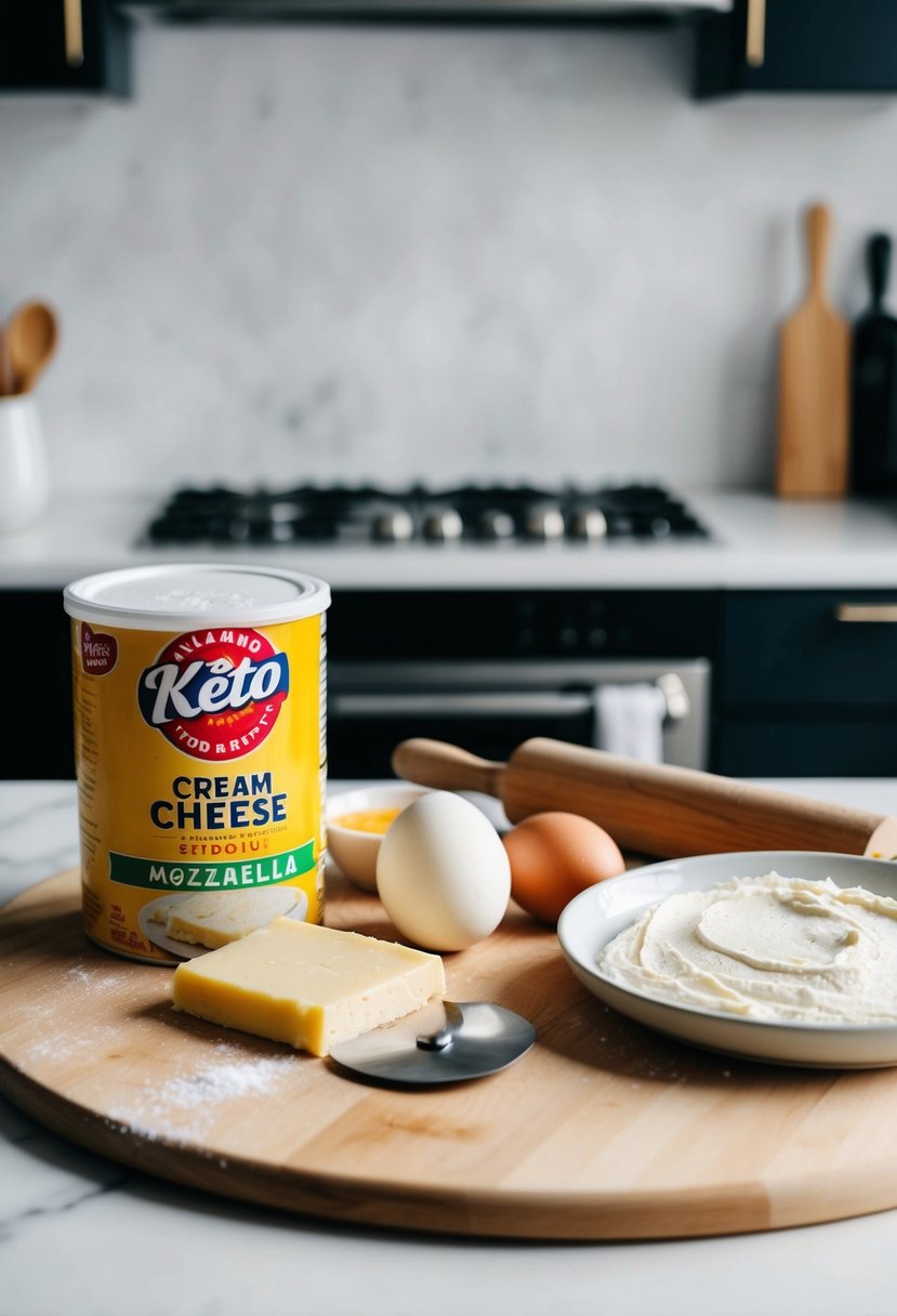 A kitchen counter with ingredients for keto pizza crust: almond flour, cream cheese, mozzarella, and eggs. A rolling pin and pizza cutter sit nearby