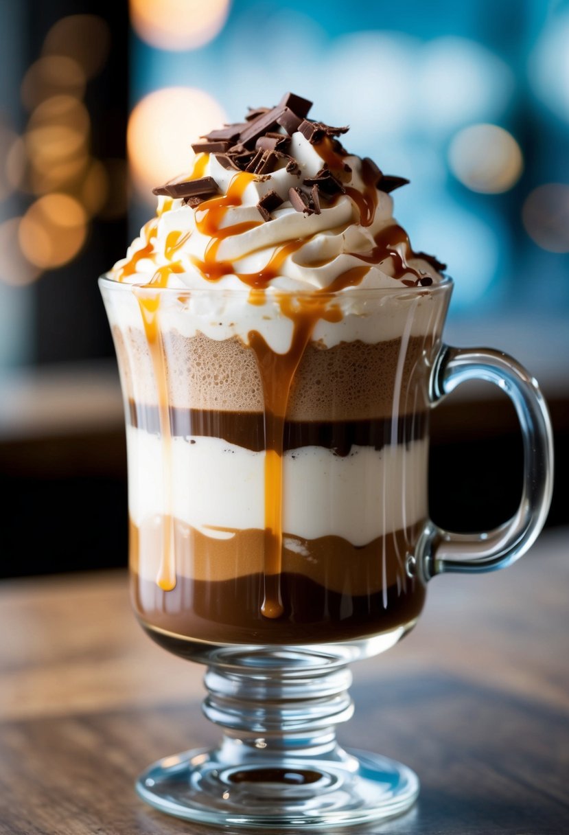 A clear glass cup filled with layers of mocha, caramel, and whipped cream, topped with chocolate shavings and a drizzle of caramel sauce