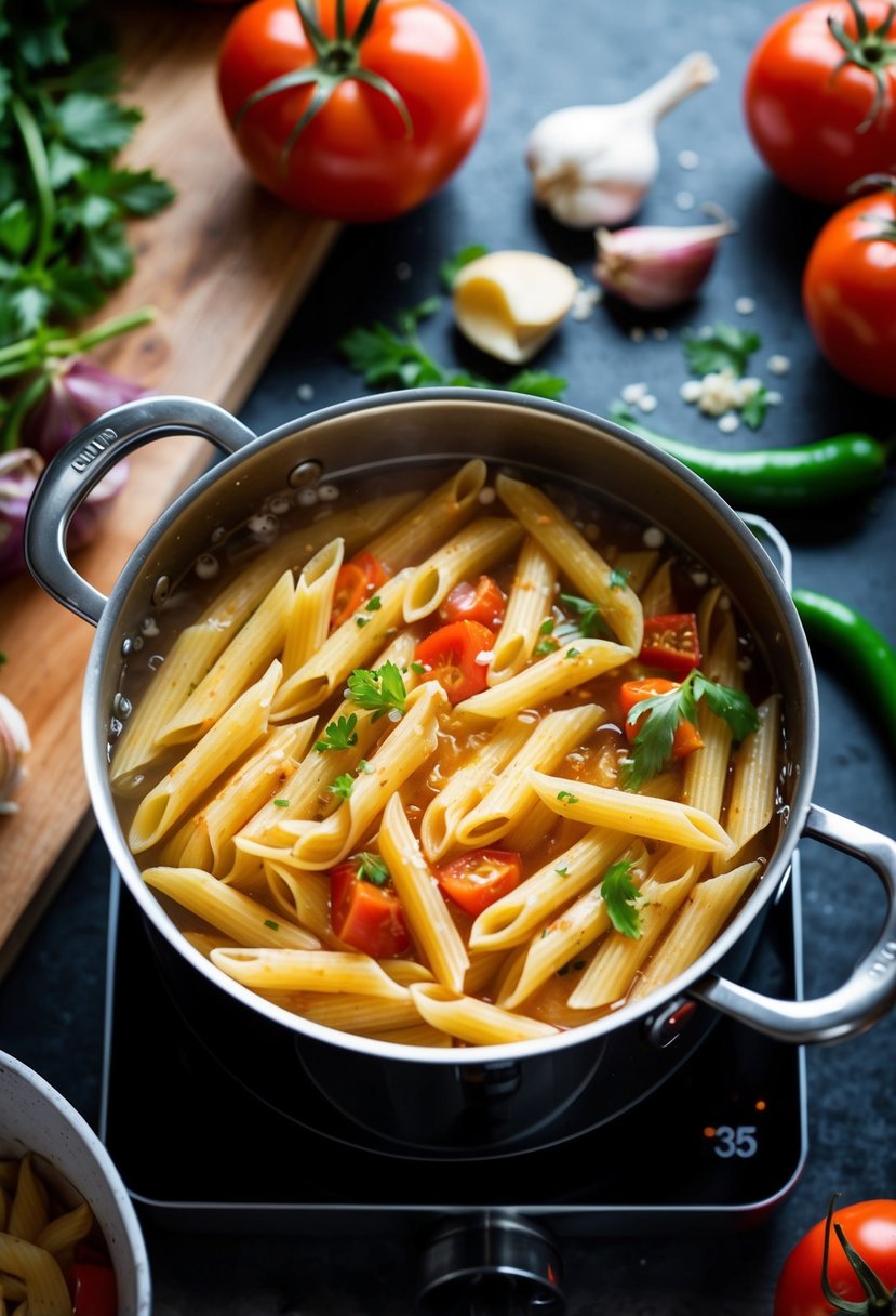 A pot of boiling water with penne pasta cooking, surrounded by ingredients like tomatoes, garlic, and chili peppers