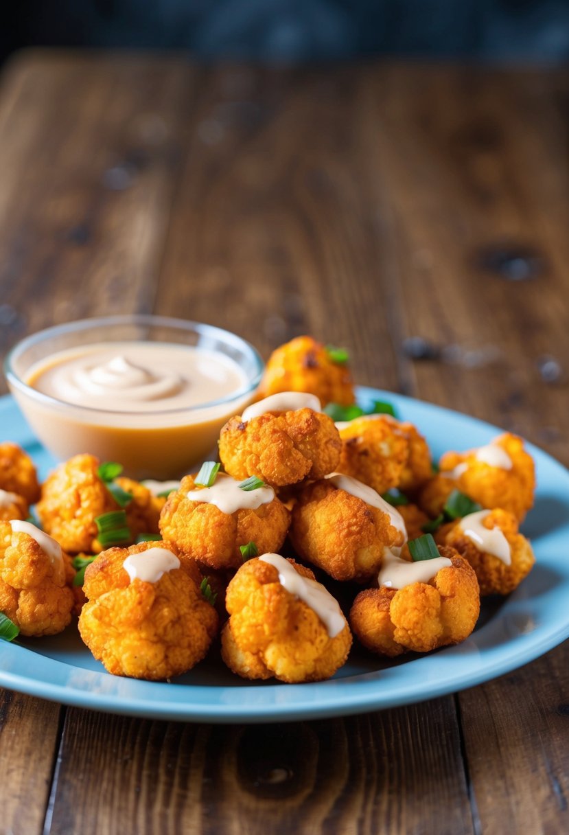 A platter of crispy buffalo cauliflower bites with a side of dipping sauce on a wooden table