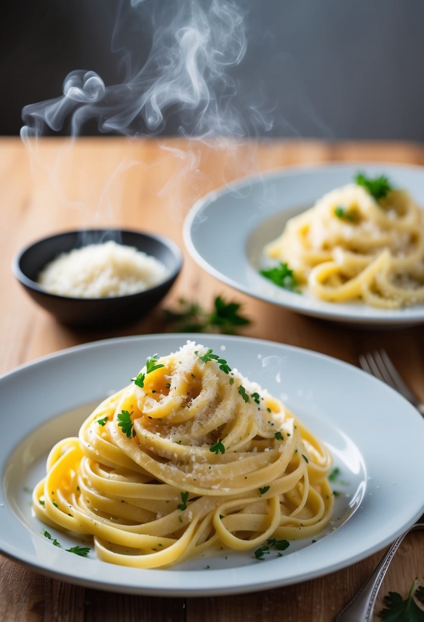 A steaming plate of fettuccine Alfredo topped with freshly grated Parmesan cheese and garnished with chopped parsley