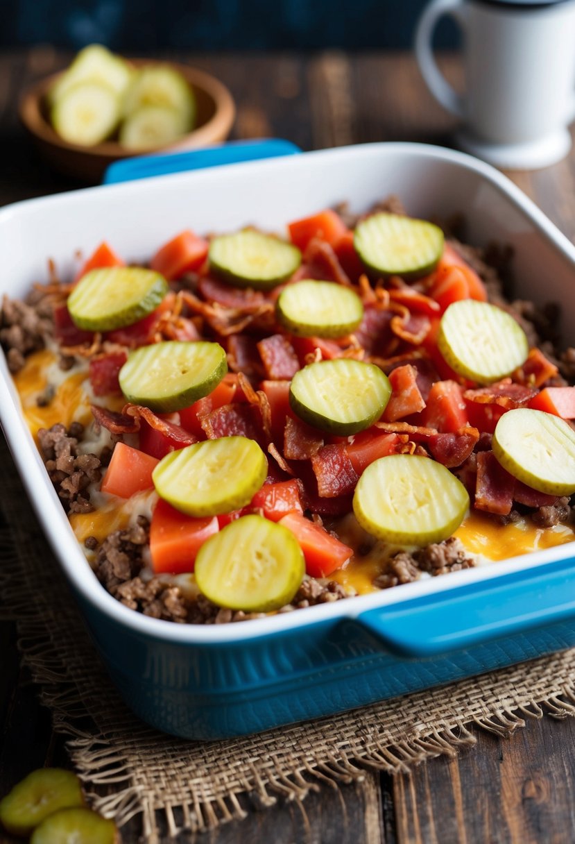 A baking dish filled with layers of ground beef, cheese, and diced tomatoes, topped with crispy bacon and sliced pickles