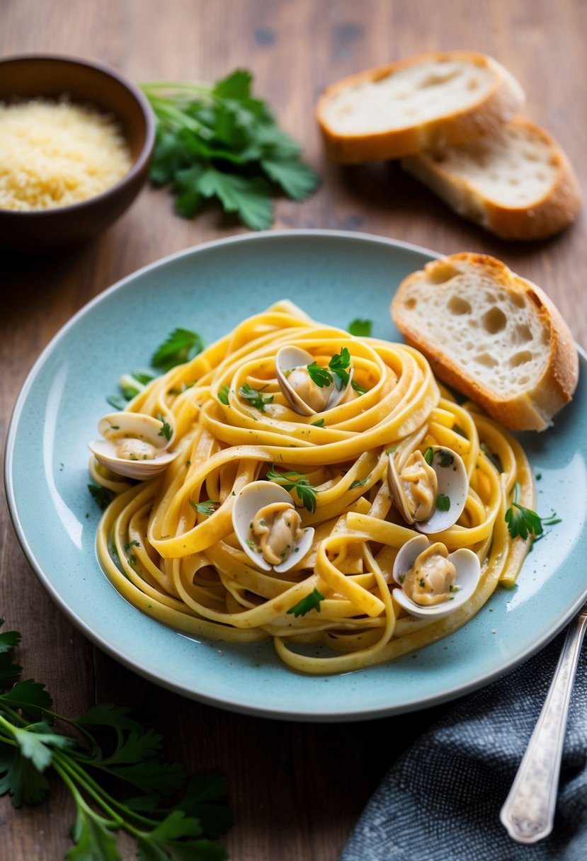 A steaming plate of linguine with clam sauce, garnished with fresh parsley and served with a side of crusty bread