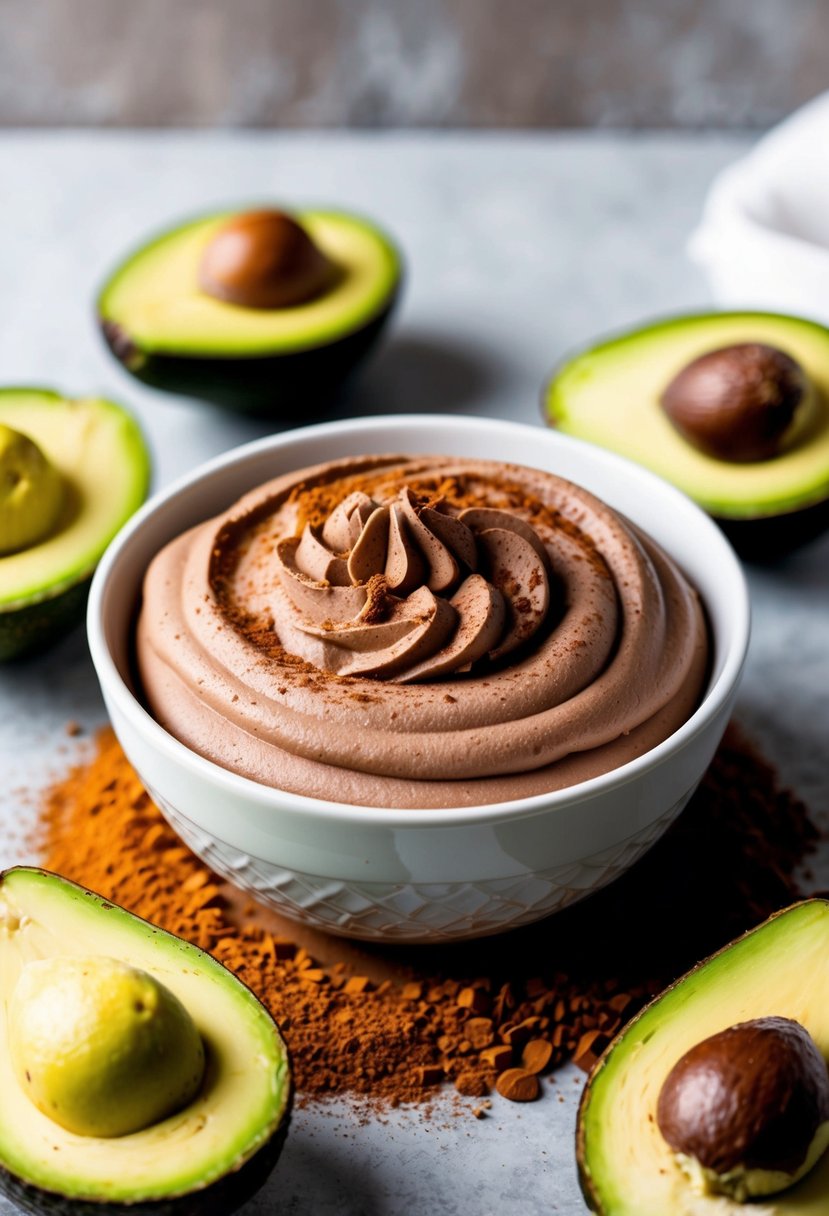 A bowl of creamy chocolate avocado mousse surrounded by fresh avocados and cacao powder