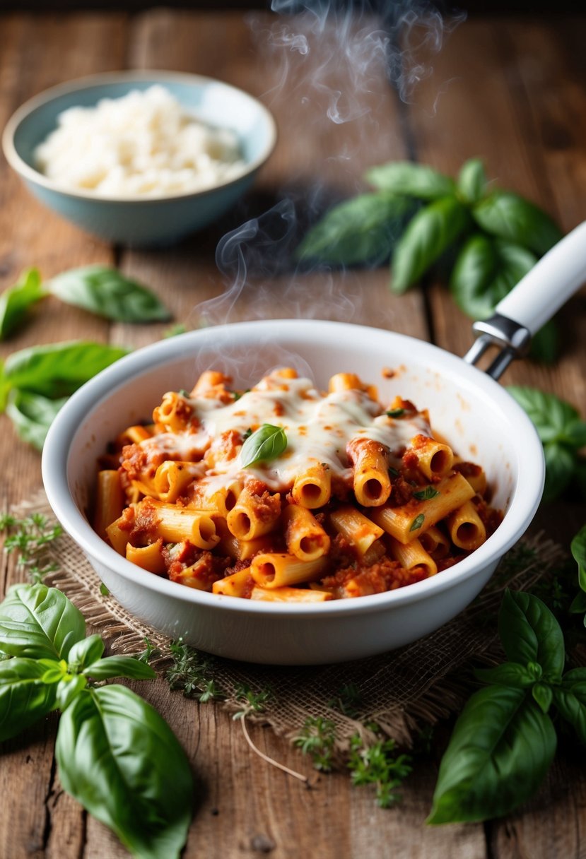 A steaming dish of baked ziti sits on a rustic wooden table, surrounded by fresh basil leaves and a sprinkle of melted mozzarella cheese