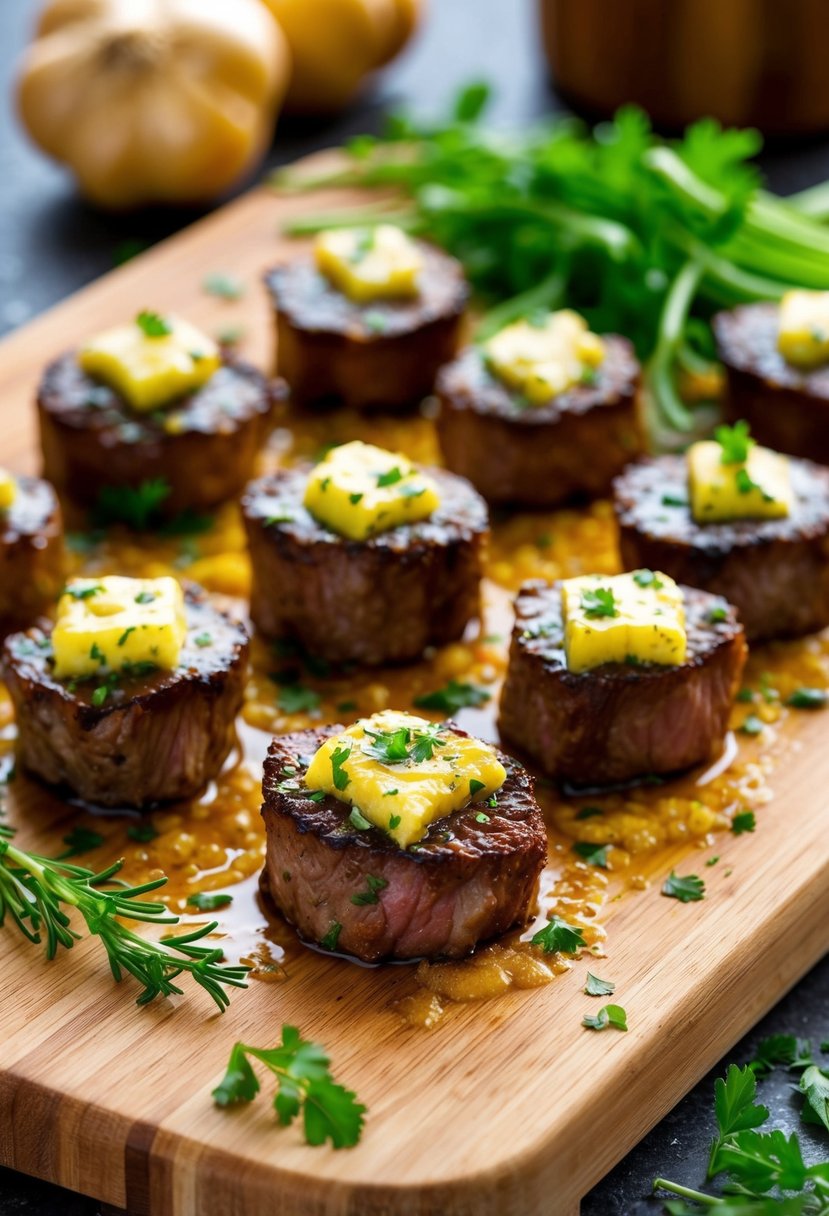 Sizzling steak bites coated in garlic butter, surrounded by keto-friendly vegetables and herbs on a wooden cutting board