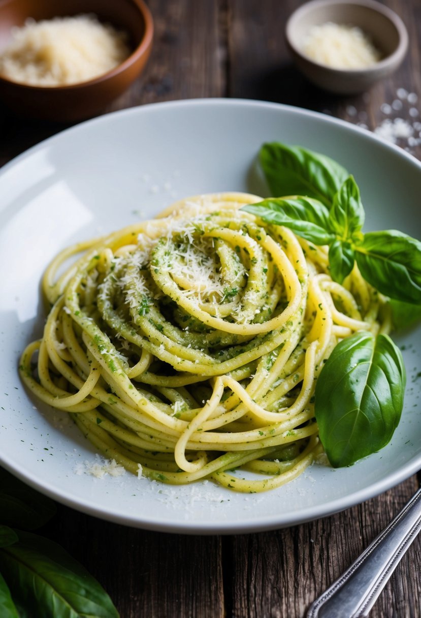 A steaming plate of pesto pasta with fresh basil leaves and grated parmesan cheese on a rustic wooden table