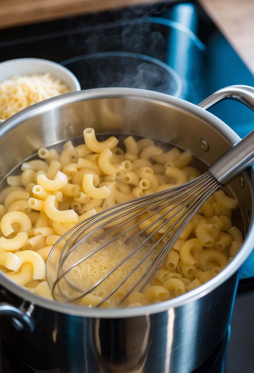 A pot of boiling water with macaroni noodles, a bowl of grated cheese, and a whisk on a kitchen counter