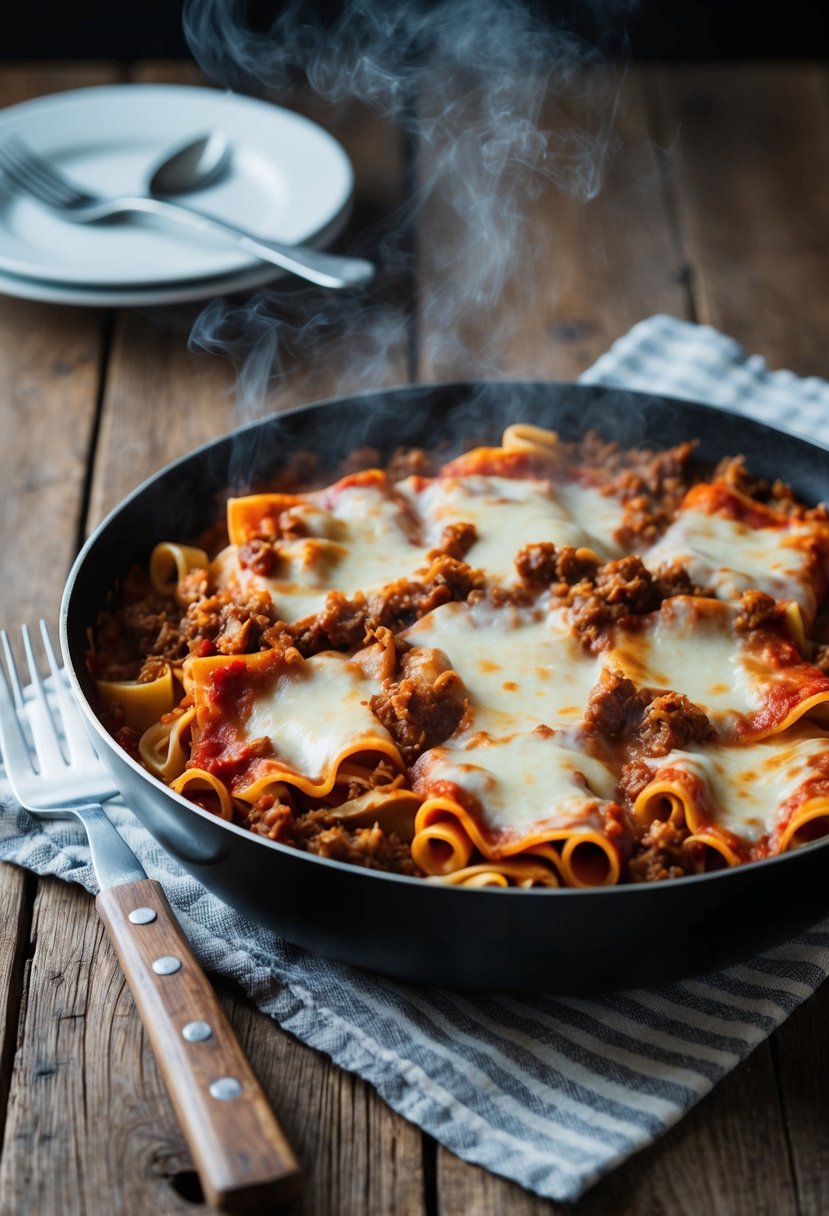 A steaming pan of lasagna Bolognese, layers of pasta, rich meat sauce, and creamy cheese, sits on a rustic wooden table