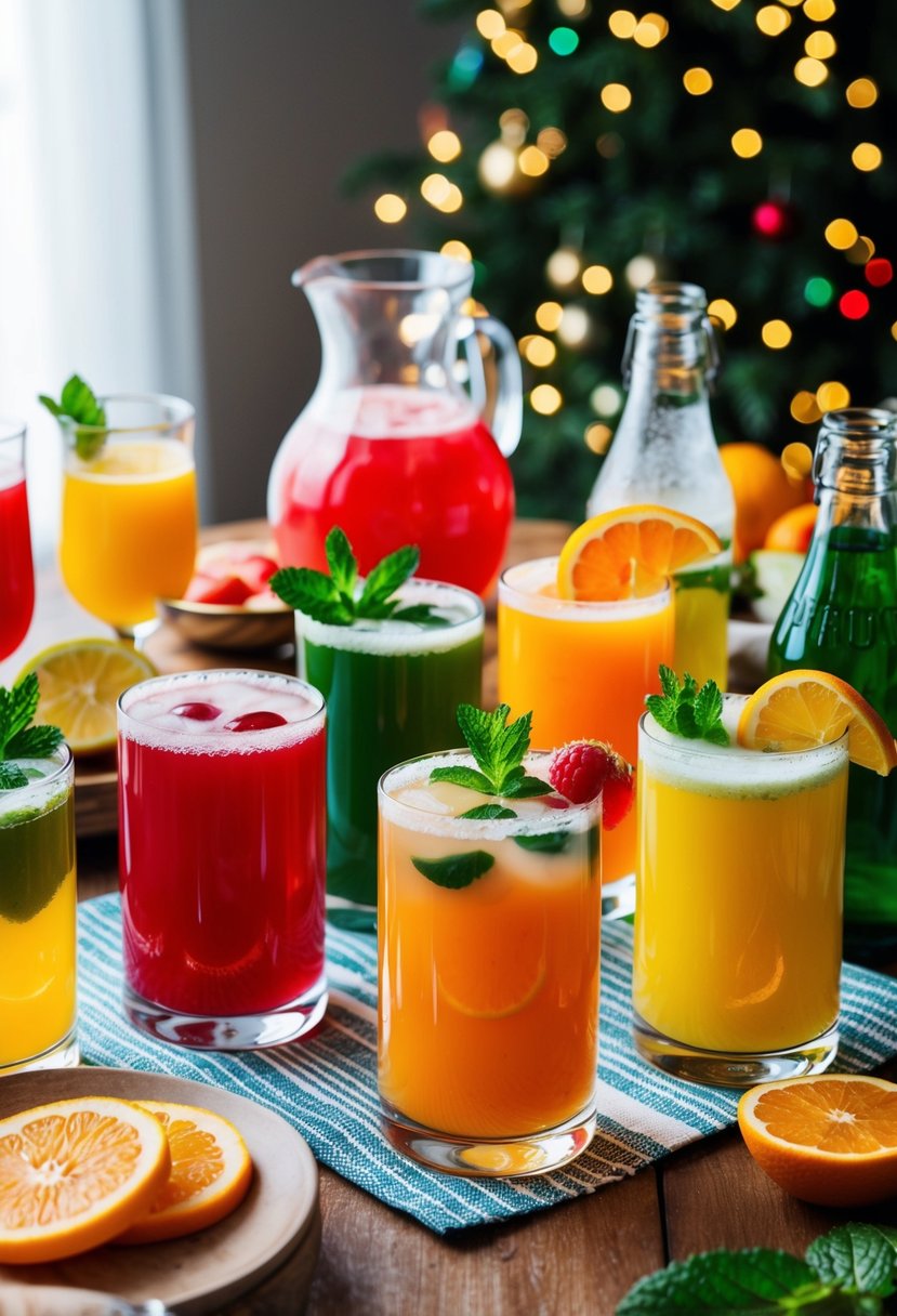 A festive table with a variety of colorful fruit juices, sparkling water, and garnishes like citrus slices and fresh mint for holiday punch recipes