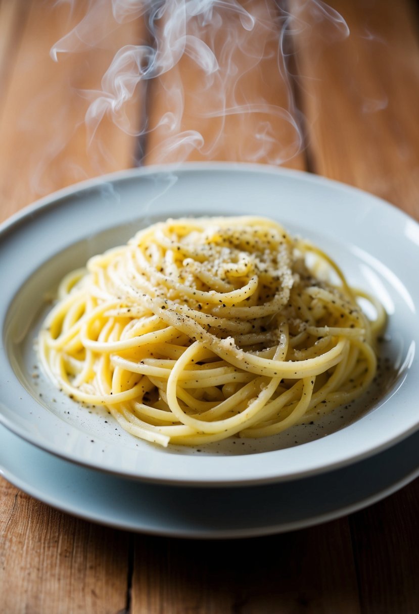 A steaming plate of Cacio e Pepe pasta with freshly cracked black pepper