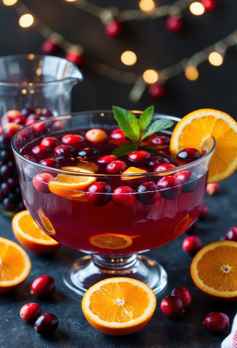 A festive glass punch bowl filled with cranberry orange punch, surrounded by fresh cranberries and orange slices, with a sprig of mint for garnish