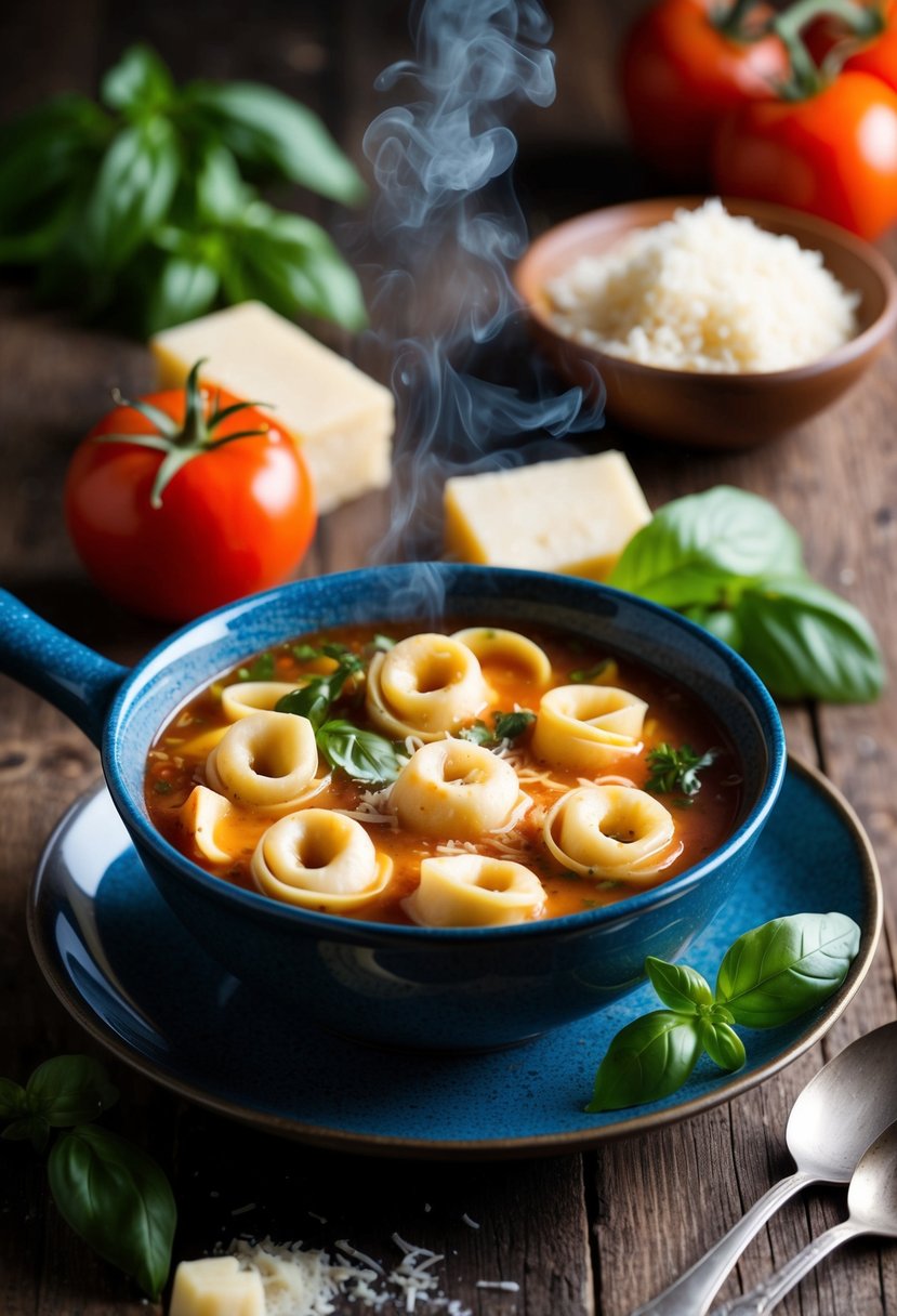 A steaming bowl of tortellini soup sits on a rustic wooden table, surrounded by fresh ingredients like tomatoes, basil, and parmesan cheese