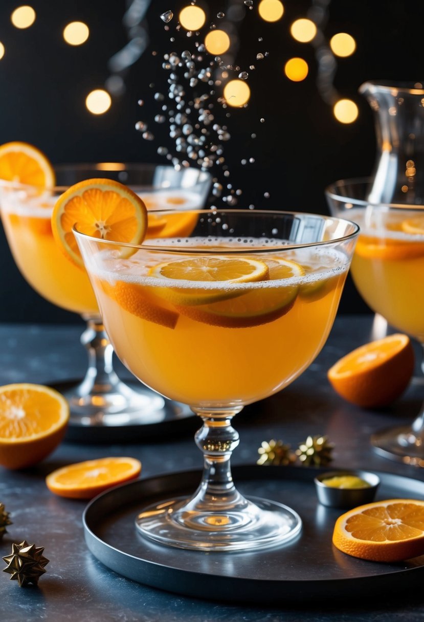 A festive glass punch bowl filled with citrus punch, garnished with orange slices and sparkling with bubbles