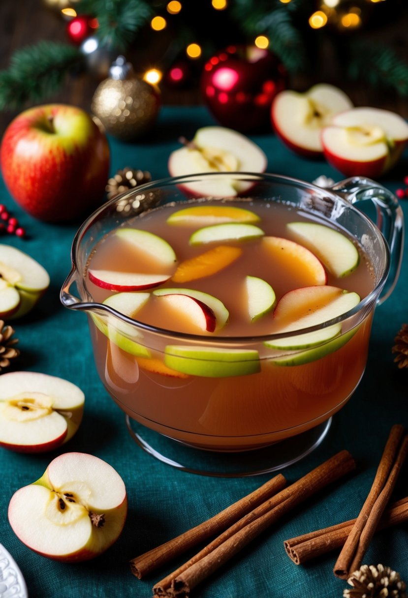 A festive table setting with a large bowl of apple cider punch surrounded by cinnamon sticks, apple slices, and holiday decorations