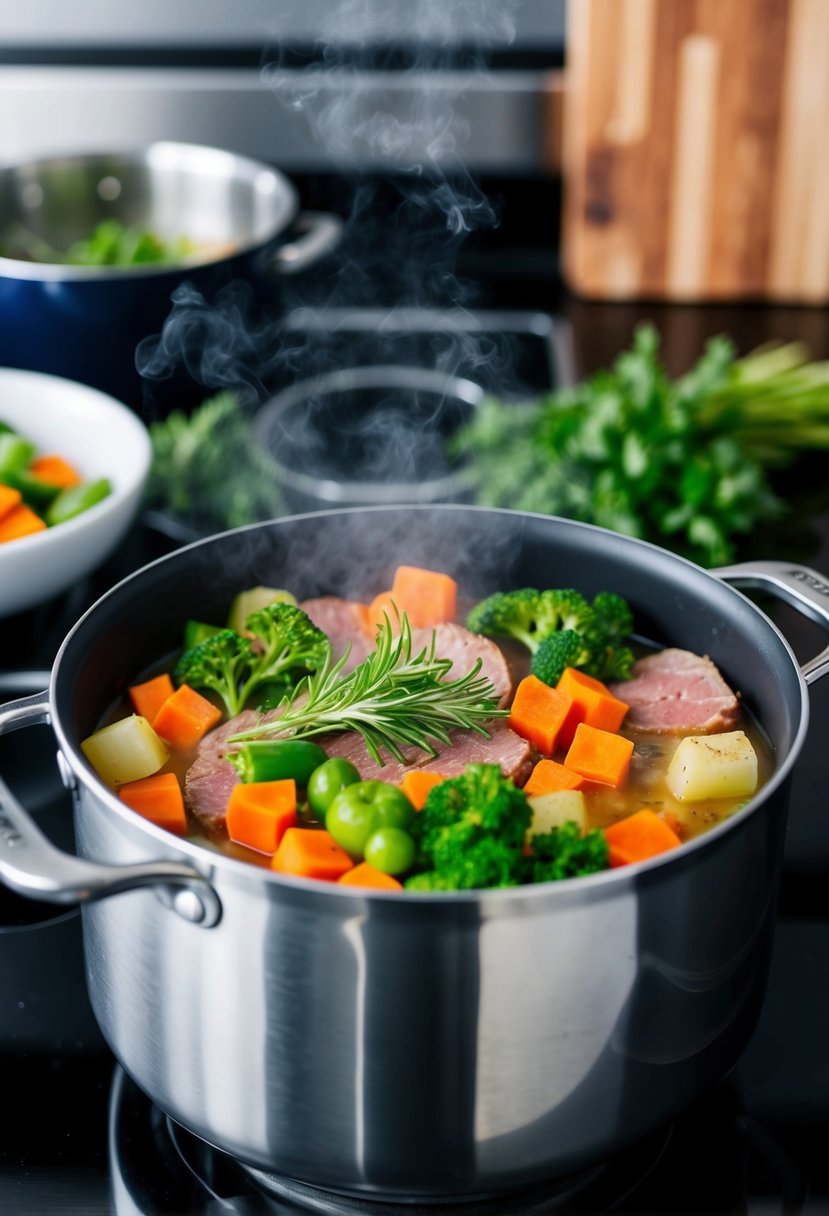 Fresh vegetables and lean meats simmering in a pot on a stovetop. Aromatic herbs and spices wafting through the air