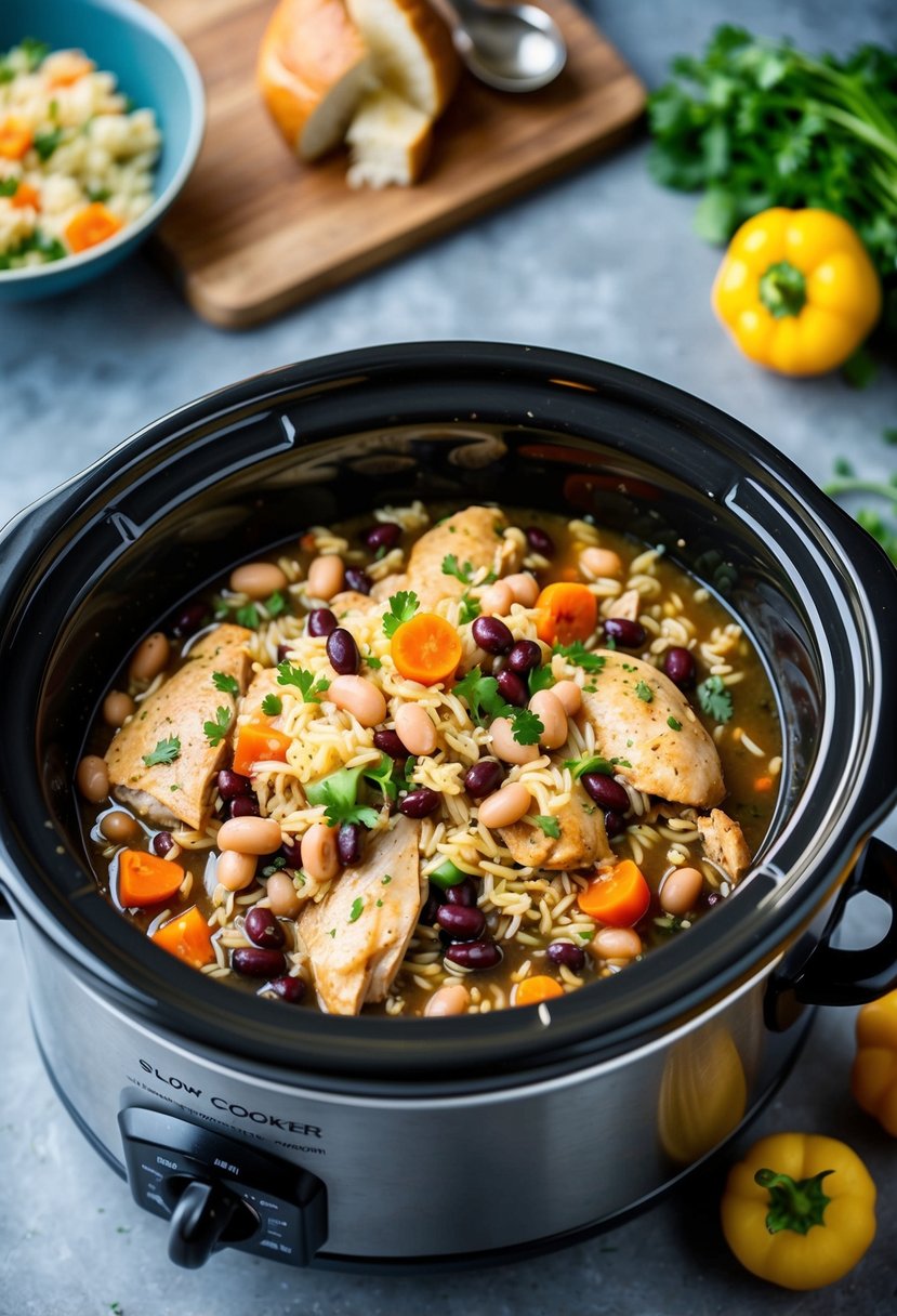 A slow cooker filled with chicken, beans, rice, and vegetables simmering together, creating a delicious and healthy meal