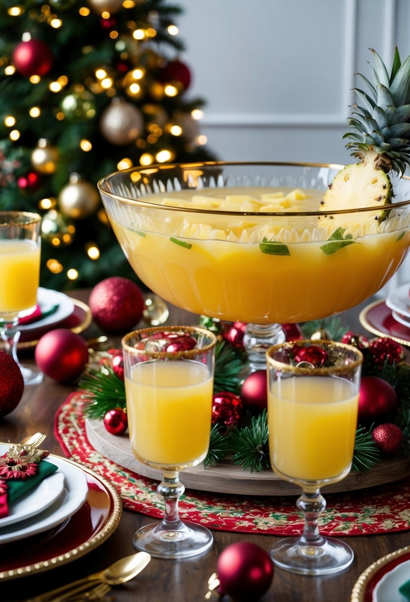 A festive table with a large bowl of pineapple ginger punch surrounded by holiday decorations and glasses