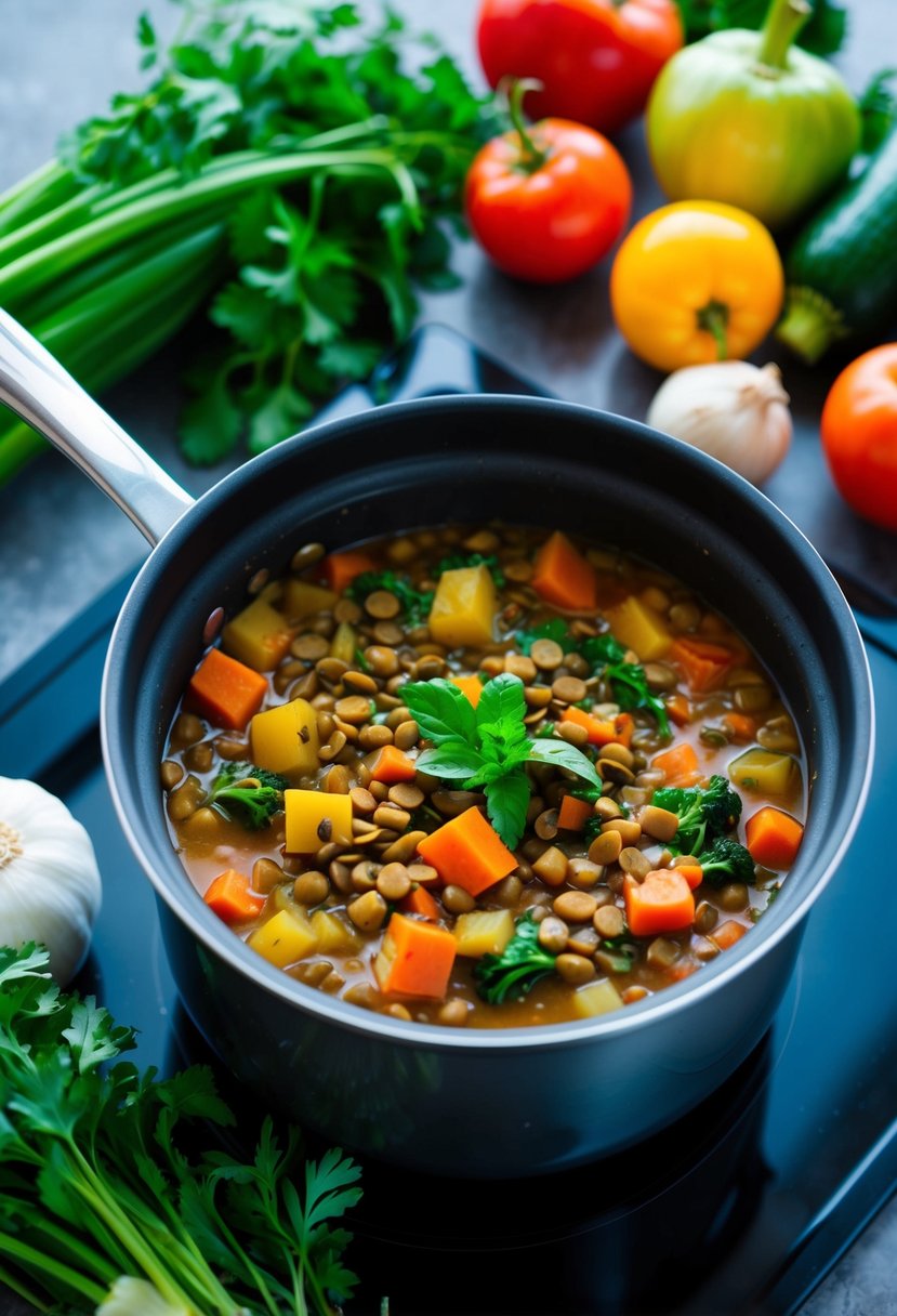 A pot of vegetable and lentil stew simmering on a stovetop, surrounded by colorful fresh produce and herbs