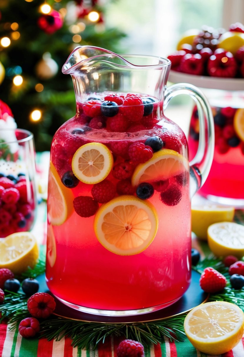 A glass pitcher filled with vibrant pink berry lemonade punch, surrounded by fresh berries and lemon slices on a festive holiday table