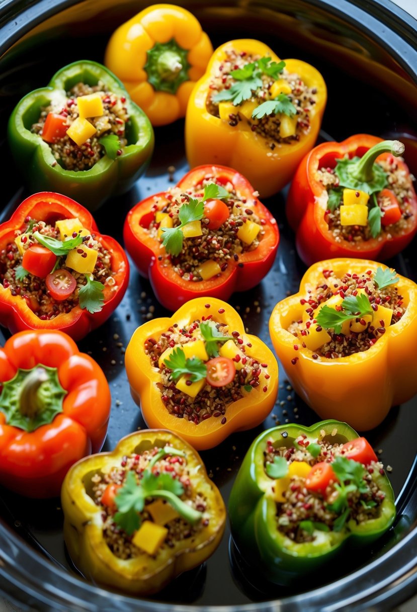 A colorful array of peppers, each filled with quinoa and various healthy ingredients, simmering in a slow cooker