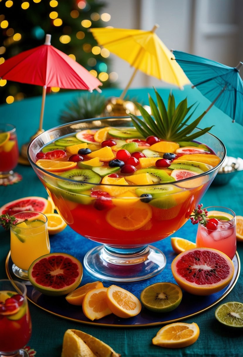 A glass punch bowl filled with colorful tropical fruit punch, surrounded by sliced fruits and decorative umbrellas on a festive holiday table