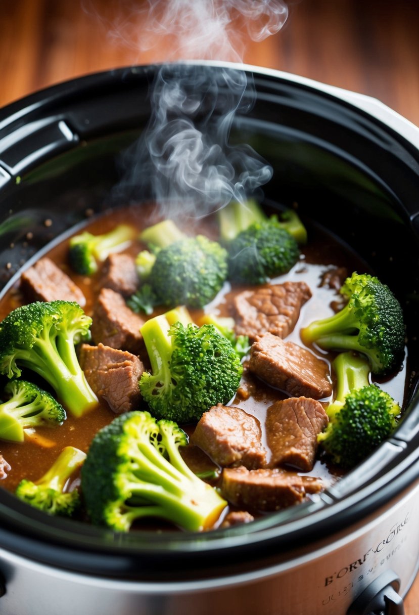 Beef and broccoli simmer in a slow cooker, emitting savory aroma