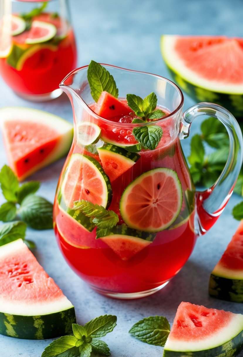 A festive glass pitcher filled with watermelon mint punch, surrounded by fresh watermelon slices and sprigs of mint