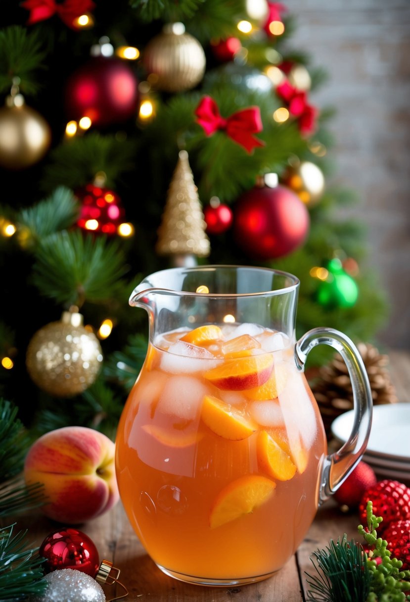 A pitcher filled with peach iced tea punch surrounded by festive holiday decorations