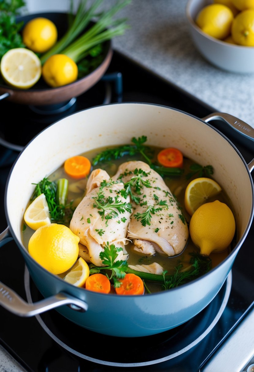 A pot filled with lemon herb chicken and an assortment of fresh vegetables simmering on a stovetop