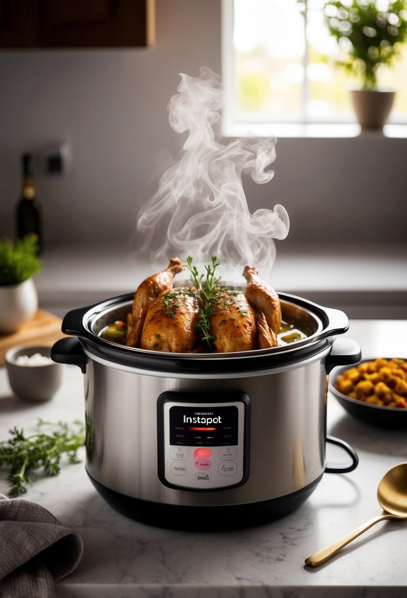 A steaming Instapot slow cooker filled with savory chicken and aromatic herbs