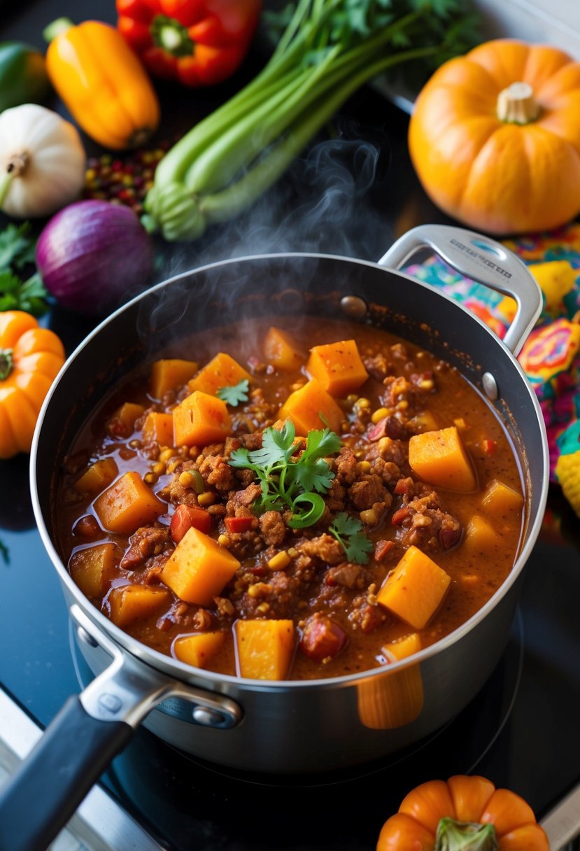 A steaming pot of butternut squash chili simmers on a stove, surrounded by colorful vegetables and spices