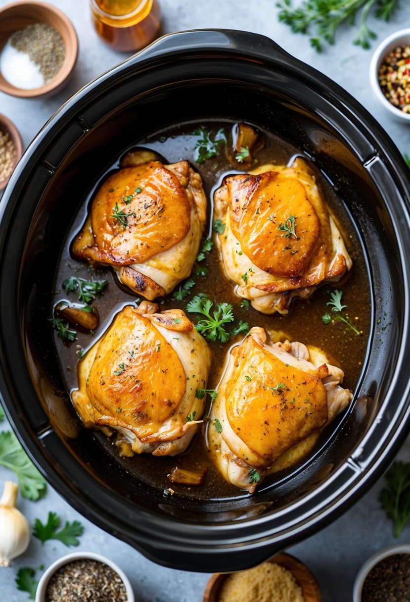 Chicken thighs in a slow cooker with honey garlic sauce, surrounded by various herbs and spices