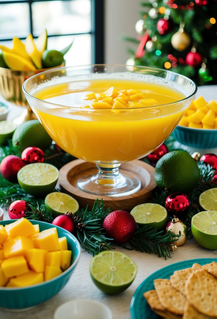 A festive table with a large bowl of mango lime punch surrounded by fresh fruit and holiday decorations