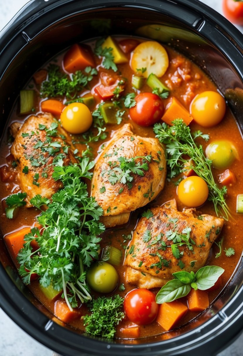 A colorful array of fresh vegetables, herbs, and chicken simmering in a rich tomato sauce in a slow cooker