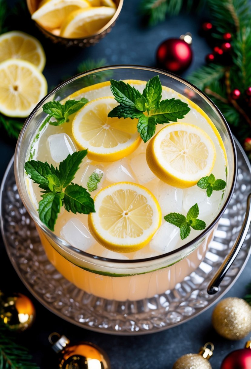 A festive holiday punch bowl filled with ginger ale, lemon slices, and ice, surrounded by sprigs of fresh mint and decorative holiday ornaments