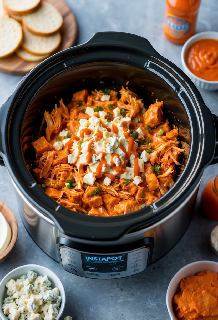 Buffalo chicken dip being prepared in an Instapot slow cooker, surrounded by ingredients like shredded chicken, cream cheese, hot sauce, and blue cheese crumbles