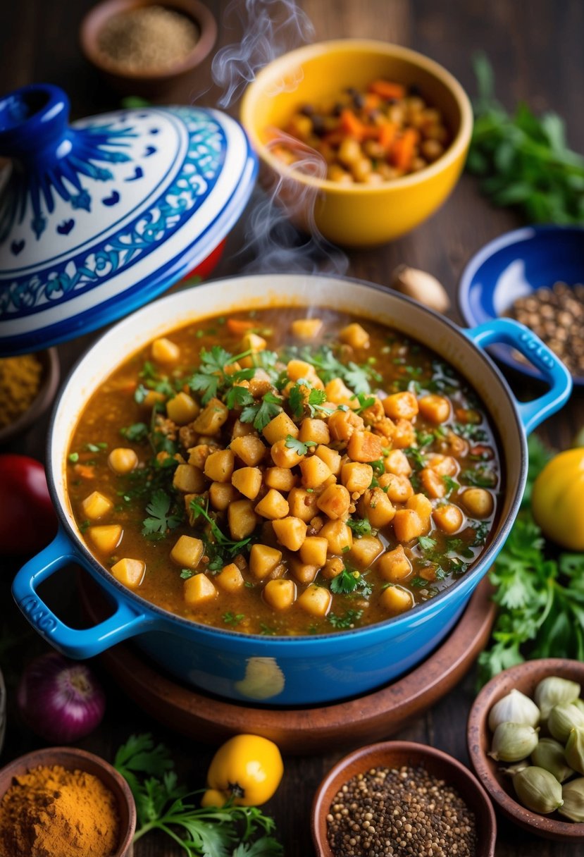 A steaming tagine pot filled with aromatic Moroccan chickpea stew, surrounded by vibrant spices and fresh ingredients