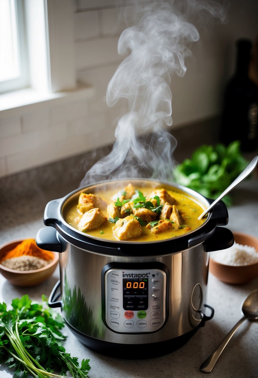 A steaming instapot sits on a kitchen counter, filled with coconut curry chicken. A spoon rests on the side, surrounded by vibrant spices and fresh herbs