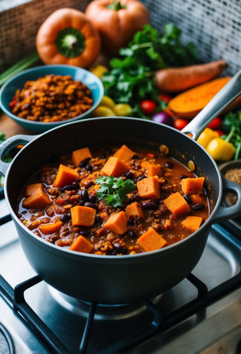 A pot of sweet potato and black bean chili simmers on a stove, surrounded by colorful vegetables and spices