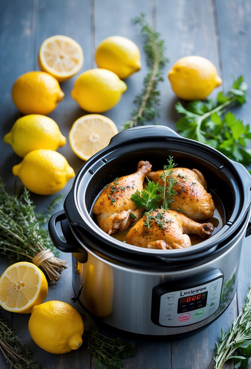 A colorful array of fresh lemons, aromatic herbs, and a slow cooker instapot filled with tender, juicy chicken