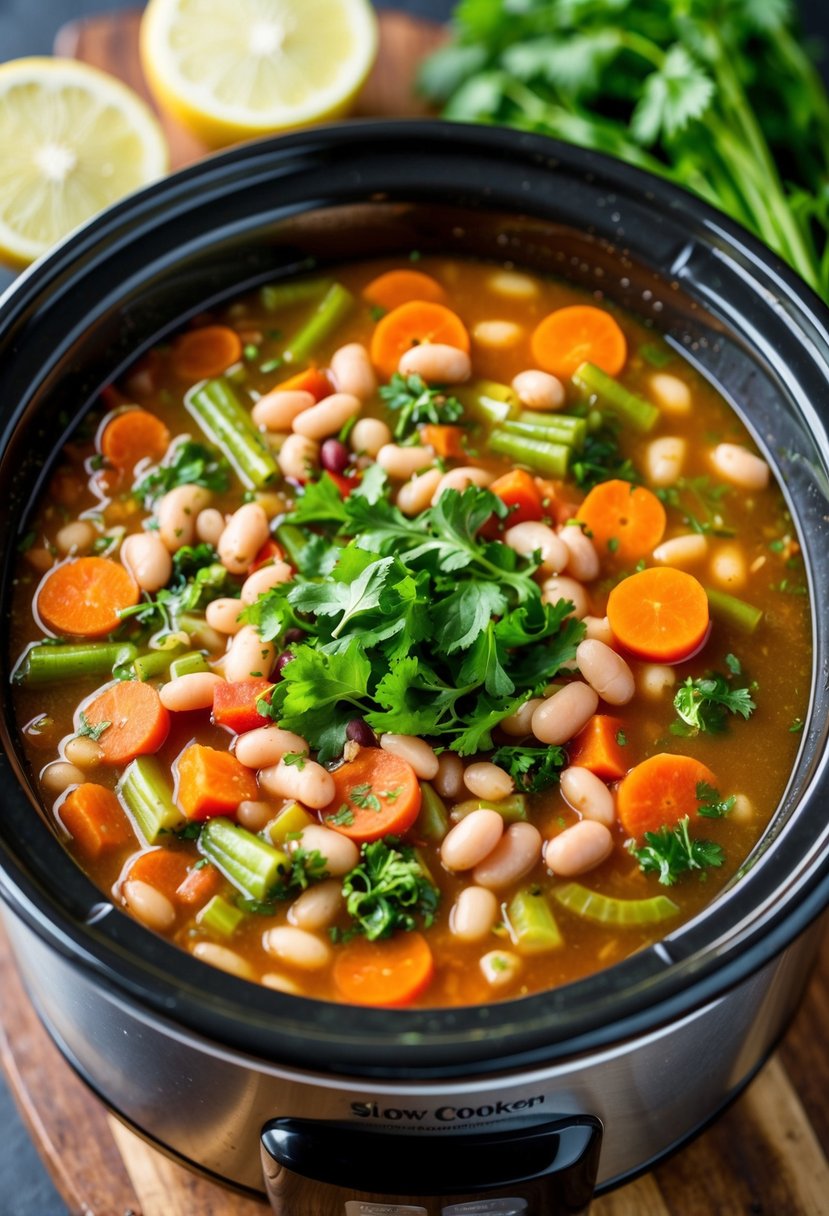 A colorful array of fresh vegetables and beans simmer in a slow cooker, creating a hearty and healthy minestrone soup