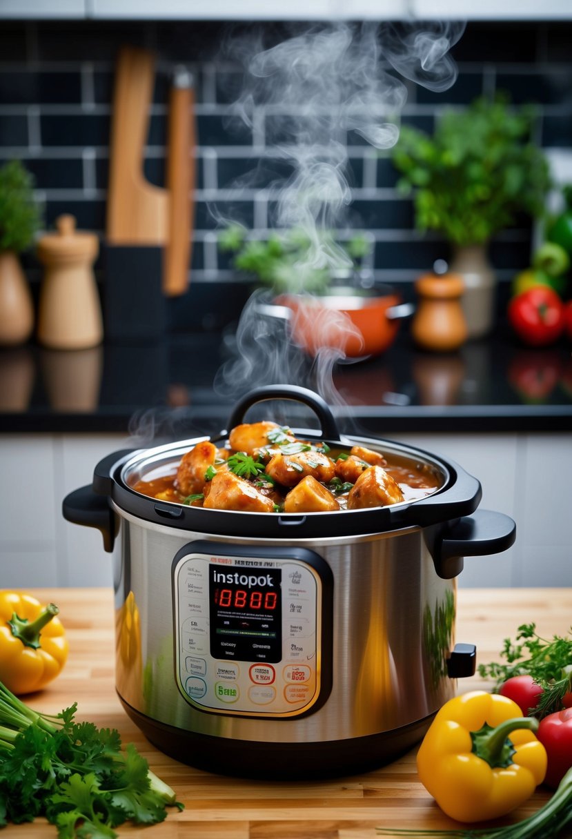 A steaming Instapot sits on a kitchen counter, filled with tender chunks of chicken in a glossy teriyaki sauce, surrounded by vibrant vegetables and aromatic herbs