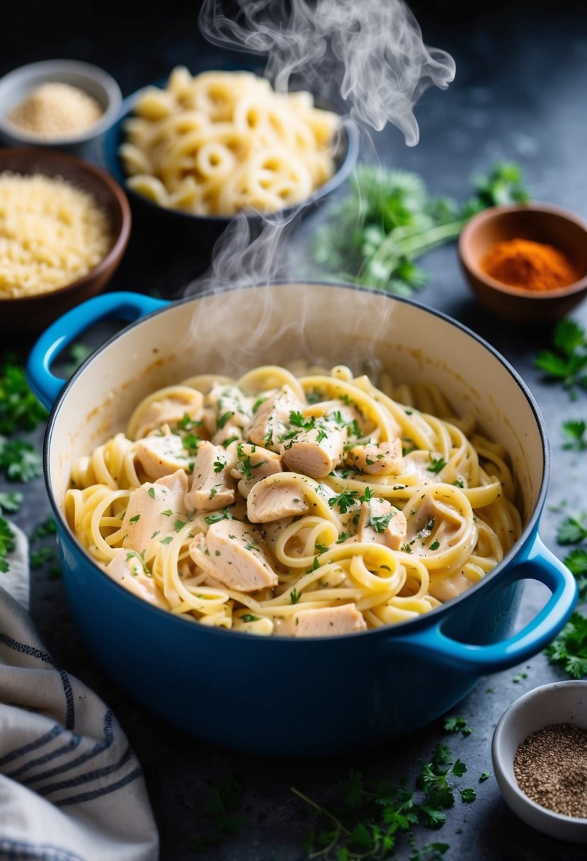 A steaming pot of creamy chicken alfredo pasta surrounded by herbs and spices