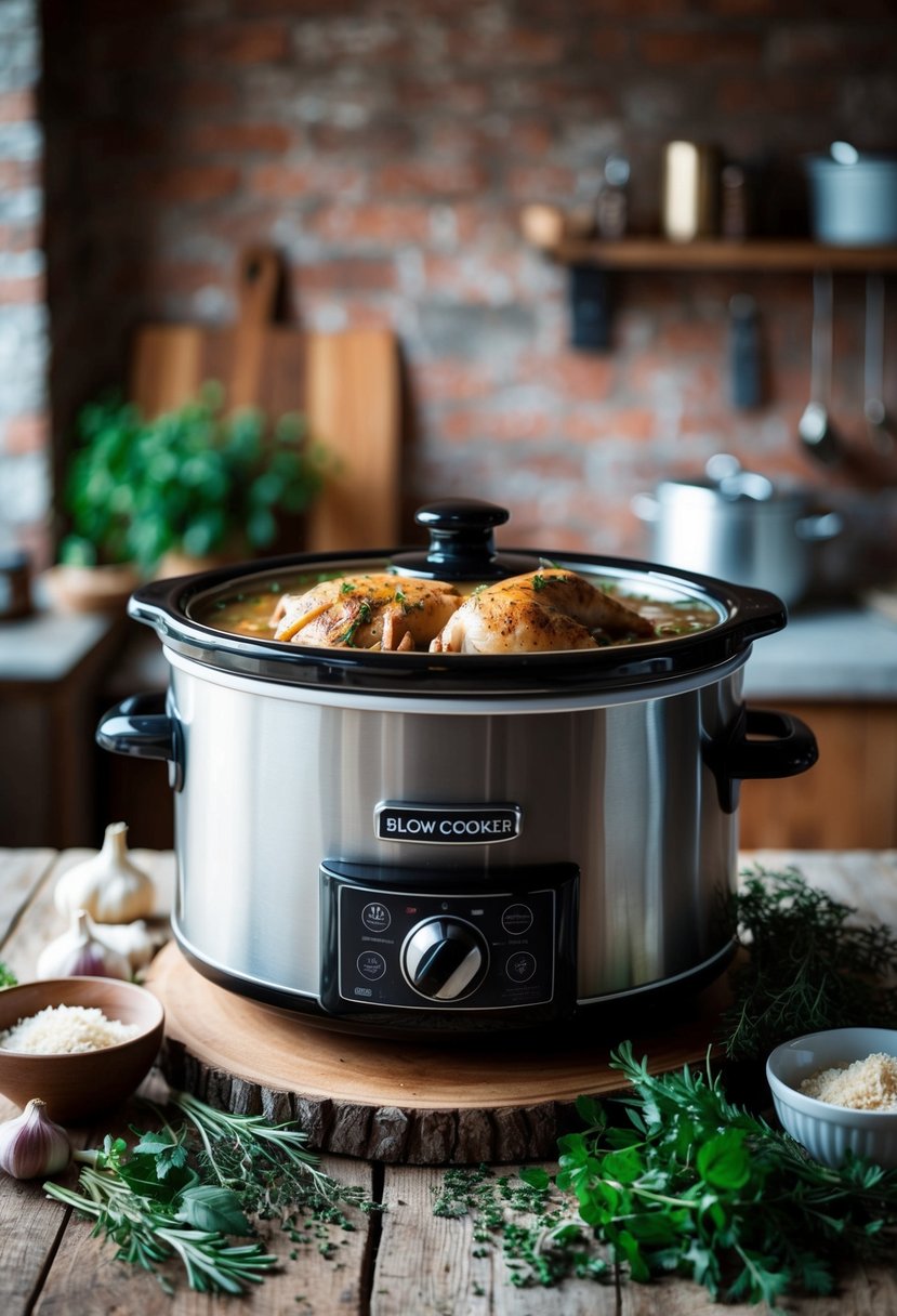 A rustic kitchen with a slow cooker bubbling with Tuscan garlic chicken, surrounded by fresh herbs and ingredients