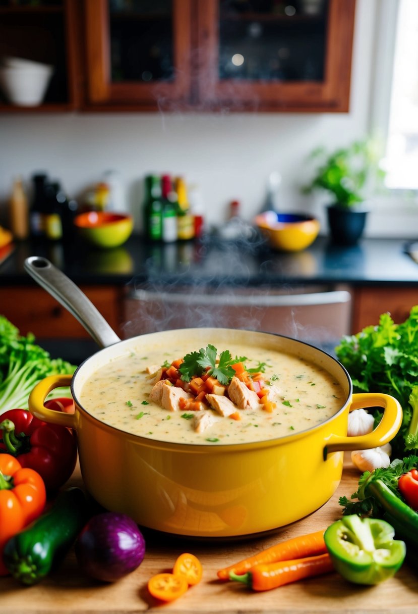 A bubbling pot of creamy salsa chicken surrounded by colorful vegetables and aromatic spices on a kitchen counter