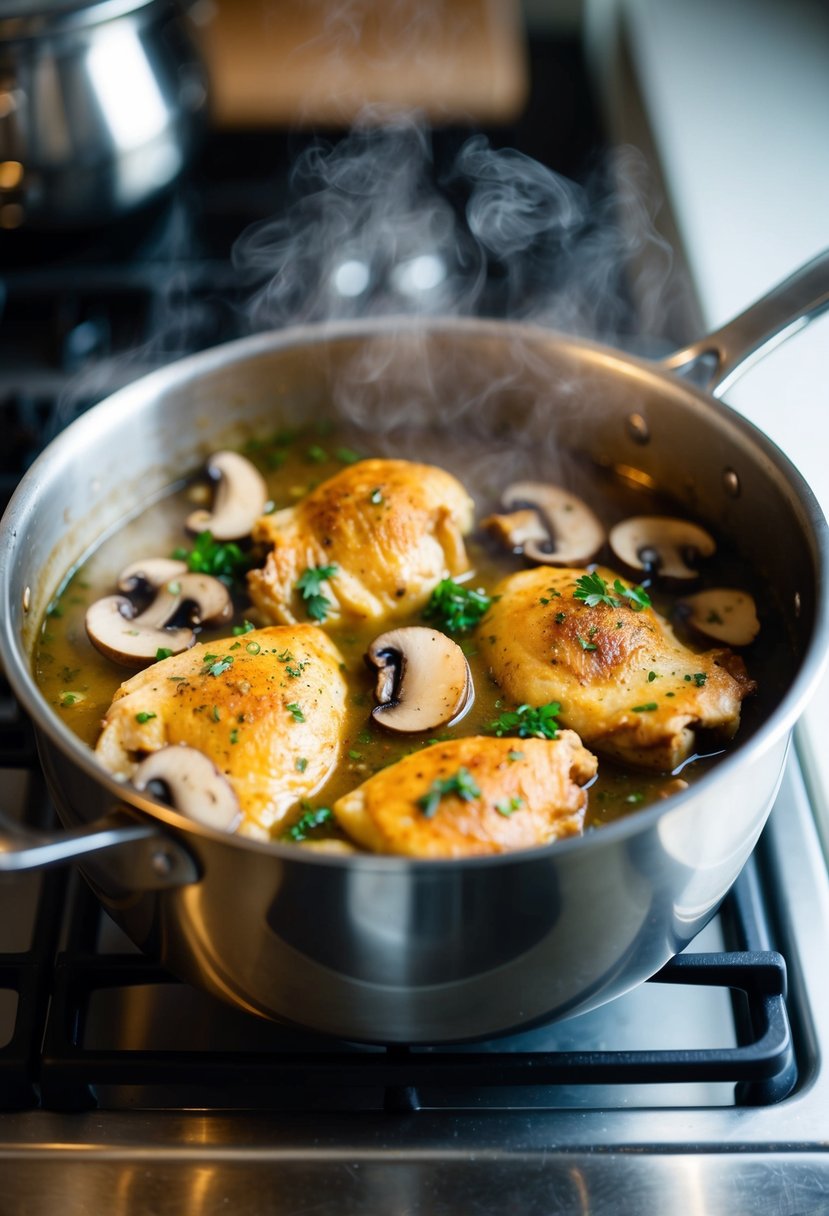 A steaming pot filled with chicken, mushrooms, and Marsala sauce simmers on a kitchen counter