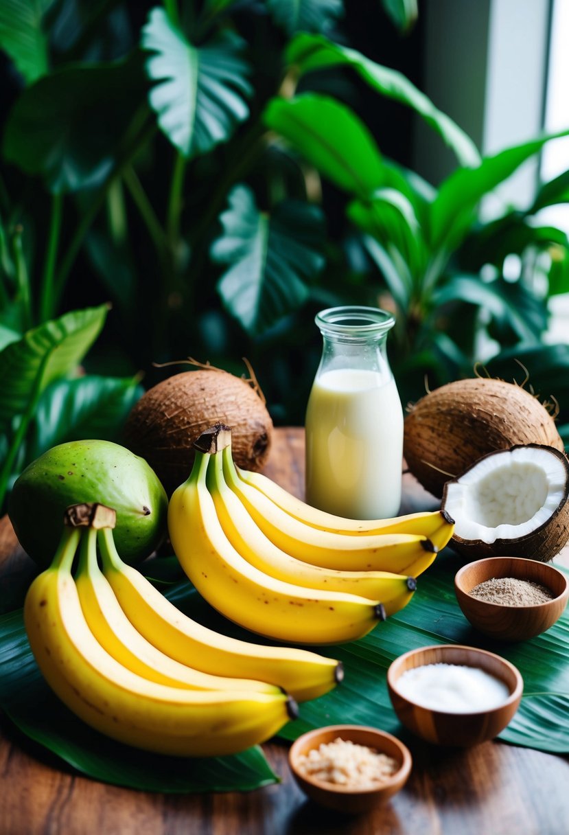 A table with a variety of ripe bananas, coconut milk, and other plant-based ingredients, surrounded by lush green foliage