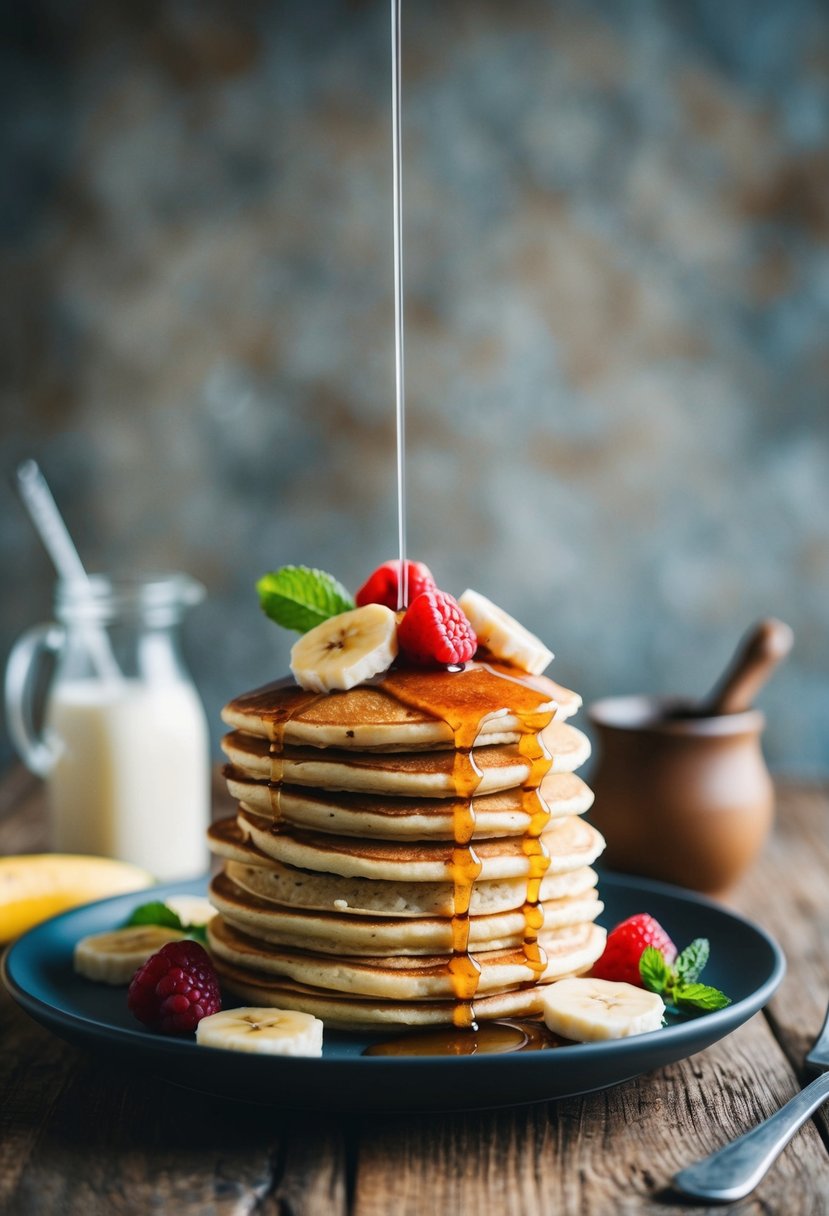 A stack of golden brown banana oatmeal pancakes topped with fresh fruit and drizzled with maple syrup, served on a rustic wooden table