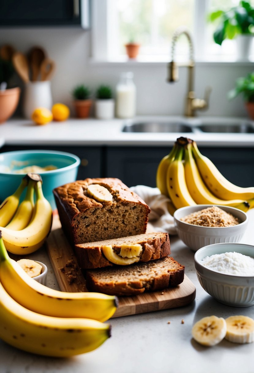 A kitchen counter with a freshly baked loaf of vegan banana bread surrounded by ripe bananas, a mixing bowl, and recipe ingredients